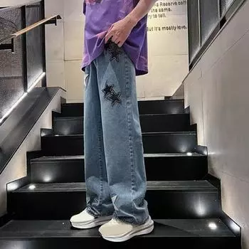 Женские джинсы с высокой талией и широкими штанинами в стиле 90-х, брюки в стиле пэчворк со звездами, повседневные прямые мешковатые джинсовые брюки для девочек-подростков M синий
