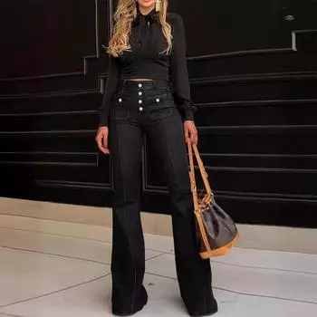 Женские джинсы с высокой талией и застежкой-молнией на пуговицах Расклешенный подол Slim Fit сплошной цвет Полная длина с несколькими карманами Джинсовые брюки Уличная одежда Длинные брюки 2XL темно-синий