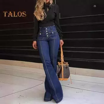 Женские джинсы с высокой талией и застежкой-молнией на пуговицах Расклешенный подол Slim Fit сплошной цвет Полная длина с несколькими карманами Джинсовые брюки Уличная одежда Длинные брюки 2XL темно-синий