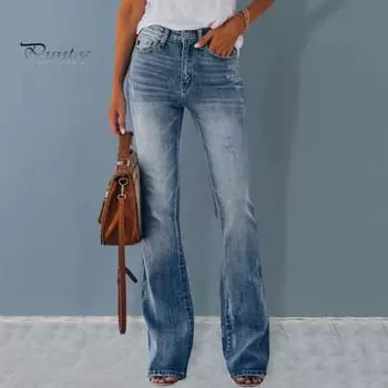 Женские джинсы с высокой талией, карманами, застежкой-молнией и пуговицами, эластичные градиентные цвета, ретро-расклешенный подол, облегающие цветные длинные женские длинные брюки S синий