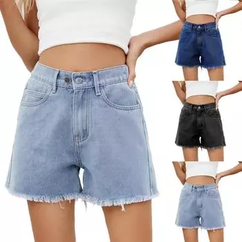 Женские джинсы с высокой талией, модные универсальные джинсовые шорты, утягивающие шорты L чёрный