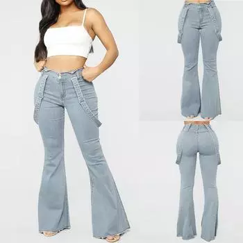 Женские джинсы с высокой талией на молнии и пуговицами, брюки, брюки-клеш XXXL синий