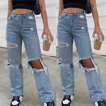 Женские джинсы с высокой талией на пуговицах и карманами с эластичными отверстиями, свободные джинсовые брюки S синий