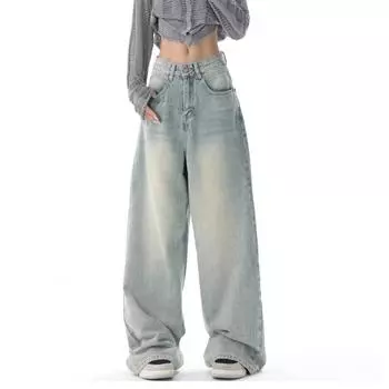 Женские джинсы с высокой талией, осенние, на пуговицах, длинные, широкие, джинсовые брюки, модные, винтажные, светло-голубые, свободные брюки S