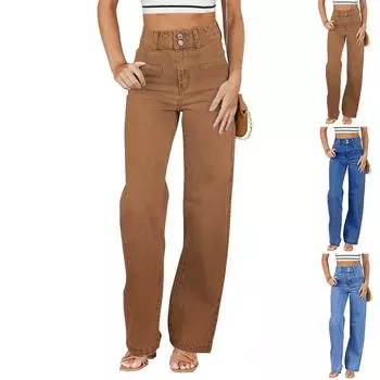Женские джинсы с высокой талией, прямые, эластичные джинсы, модные прорезные карманы, свободные, широкие брюки из денима L чёрный