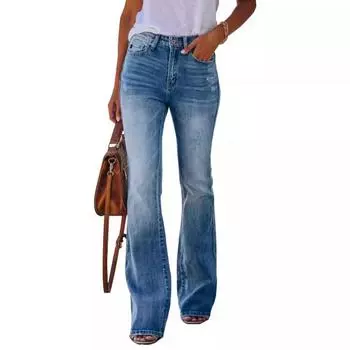 Женские джинсы с высокой талией, расклешенные эластичные брюки-бойфренды, повседневные джинсовые брюки, эластичные широкие женские брюки с кошачьими усами S синий
