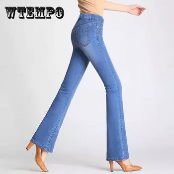 Женские джинсы с высокой талией, расклешенные брюки, женские эластичные свободные брюки-клеш, большие размеры 34