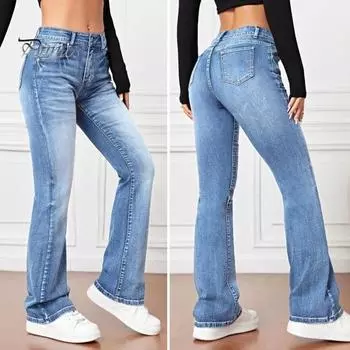 Женские джинсы с высокой талией, расклешенный подол, застежка-молния на пуговицы, градиентный цвет, свободный крой, множество карманов, уличные брюки, повседневная одежда, длинные брюки M темно-синий