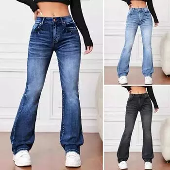 Женские джинсы с высокой талией, расклешенный подол, застежка на молнию, градиентный цвет, свободный крой, множество карманов M темно-синий