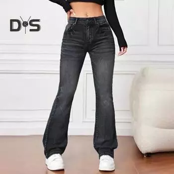 Женские джинсы с высокой талией, расклешенный подол, застежка-молния на пуговицы, градиентный цвет, свободный крой, множество карманов, уличные брюки, повседневная одежда, длинные брюки M темно-синий