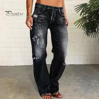 Женские джинсы с высокой талией, рваные, облегающие, однотонные, прямые, с застежкой-молнией на пуговицы, с несколькими карманами, повседневные, длинные брюки M темно-синий