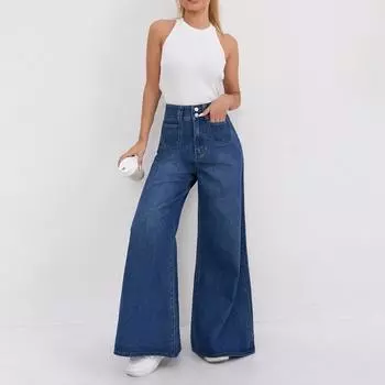 Женские джинсы с высокой талией, темные, широкие, длиной до пола, женские свободные, узкие, прямые брюки L темно-синий