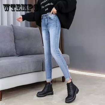 Женские джинсы с высокой талией, узкие брюки, эластичный пояс, повседневные джинсы больших размеров для женщин, теплые джинсы 32