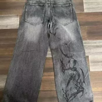 Женские джинсы с высокой талией в стиле ретро хип-хоп с вышитым пламенем, женские уличные свободные широкие брюки в стиле Харадзюку и готика — это брюки унисекс XXXL