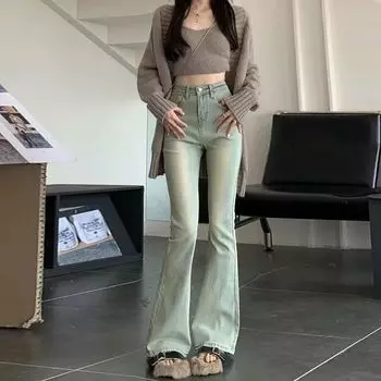 Женские джинсы с высокой талией в стиле ретро, американские легкие эластичные облегающие брюки-клеш, уличный тренд, сексуальные танцевальные карнавальные элегантные женские брюки Y2K XS светло-синий