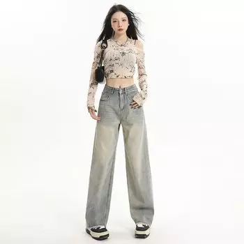 Женские джинсы с высокой талией, винтажные прямые мешковатые джинсовые брюки, уличная одежда, американский стиль, модные повседневные широкие джинсовые брюки, большие размеры XXL серый