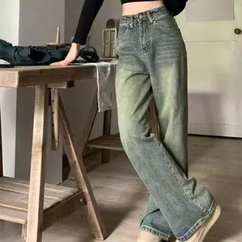 Женские джинсы с высокой талией, застежка-молния и пуговицы, сплошной цвет, свободные широкие брюки длиной до пола, ретро-стрессовые прямые карманы, мягкие цветные женские джинсовые брюки M синий