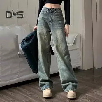 Женские джинсы с высокой талией, застежка-молния и пуговицы, сплошной цвет, свободные широкие брюки длиной до пола, ретро-стрессовые прямые карманы, мягкие цветные женские джинсовые брюки M синий