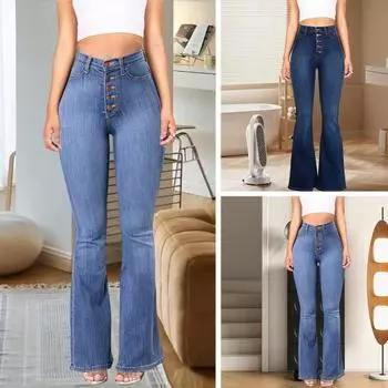 Женские джинсы с высокой талией, застежка на пуговицы, градиентный цвет, облегающие расклешенные карманы по подолу, облегающие эластичные уличные брюки, мягкие дышащие длинные брюки с приподнятыми ягодицами 3XL темно-синий