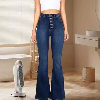 Женские джинсы с высокой талией, застежка на пуговицы, градиентный цвет, облегающие расклешенные карманы по подолу, облегающие эластичные уличные брюки, мягкие дышащие длинные брюки с приподнятыми ягодицами 3XL темно-синий
