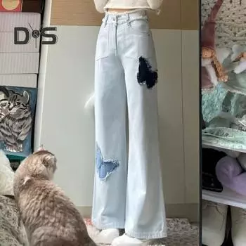 Женские джинсы с высокой талией, застежкой-молнией и пуговицами, в стиле пэчворк, однотонные, рваные, широкие брюки, ретро, прямые, с карманами, мягкие, цветные, женские, полная длина XL светло-синий