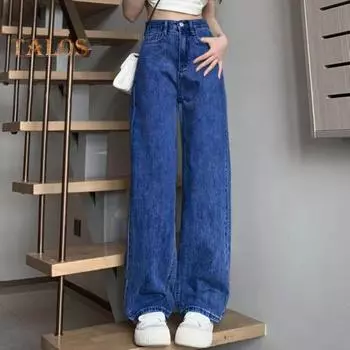 Женские джинсы с высокой талией, застежкой-молнией, винтажные, свободные, с карманами, прямые, широкие, уличные брюки, повседневная одежда, длинные брюки S темно-синий