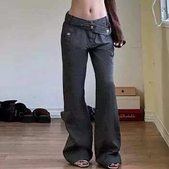 Женские джинсы Sense Waist Head Splicing Loose Versatile Drape Casual Spicy Girl Low Waist Straight Jeans S темно-серого