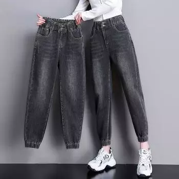 Женские джинсы-шаровары весна-осень, универсальные, длиной до щиколотки, с высокой талией и завязками на талии, мешковатые джинсы XXXL чёрный