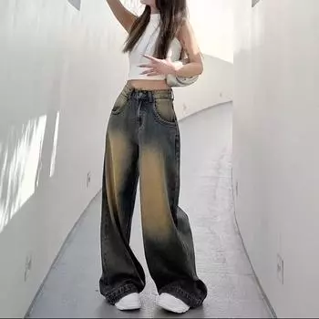 Женские джинсы широкого кроя с высокой талией и потертостями, лето 2024 г.