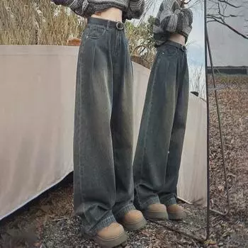 Женские джинсы широкого кроя с высокой талией — весна/лето в стиле Гонконга, свободный крой, длина до пола, универсальные. 2XL