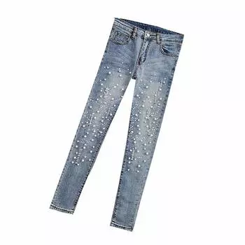 Женские джинсы скинни, брюки-карандаш с ромбовидной вышивкой, синие джинсовые укороченные брюки XS светло-синий