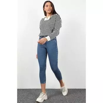 Женские джинсы скинни из лайкры с высокой талией синего цвета