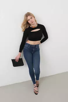 Женские джинсы-скинни из лайкры с высокой талией синего цвета