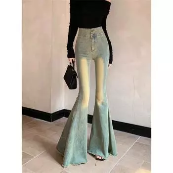 Женские джинсы скинни-клеш из денина с необработанным краем, рыбий хвост, высокая талия, синий длинный эластичный карандаш, узкие пышные эластичные джинсы клеш S