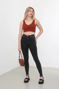 Женские джинсы скинни с высокой талией антрацитового цвета