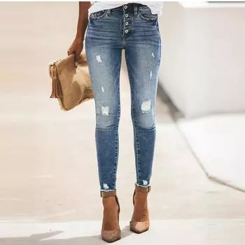 Женские джинсы скинни со средней талией, эластичные обтягивающие джинсовые брюки L синий