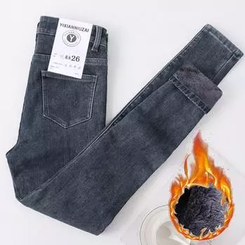 Женские джинсы скинни, зимние бархатные плюшевые теплые джинсы с высокой талией, джинсовые брюки для девочек 32 чёрный