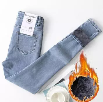 Женские джинсы скинни, зимние бархатные плюшевые теплые джинсы с высокой талией, джинсовые брюки для девочек 26 чёрный