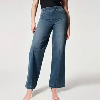 Женские джинсы со швами спереди, широкие джинсы с эластичной резинкой на талии, расклешенные джинсы из денима с высокой талией, джинсовые брюки-клеш, укороченные брюки L синий