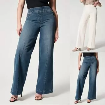 Женские джинсы со швами спереди, широкие джинсы с эластичной резинкой на талии, расклешенные джинсы из денима с высокой талией, удлинённые джинсы-клеш