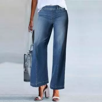 Женские джинсы со швами спереди, широкие джинсы с эластичной резинкой на талии, расклешенные джинсы из денима с высокой талией, джинсовые брюки-клеш, укороченные брюки XXXXL синий
