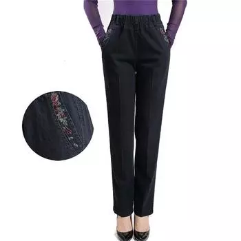 Женские джинсы среднего возраста, свободные джинсовые брюки, повседневные женские прямые брюки с растягивающейся талией XL