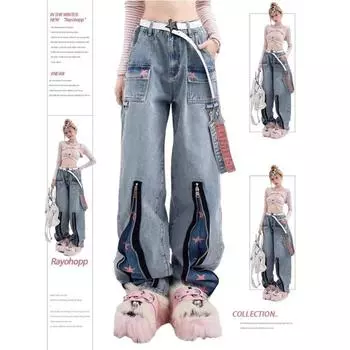 Женские джинсы Star Vintage Y2k 90-е Эстетические джинсовые брюки большого размера 2000-х годов Harajuku Мешковатые ковбойские брюки с высокой талией Одежда в стиле хип-хоп S синий