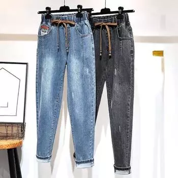 Женские джинсы-стрейч большого размера на весну и осень, однотонные, с высокой талией, эластичные, тонкие брюки-харлан 5XL