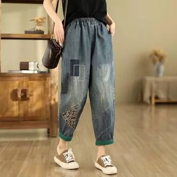 Женские джинсы свободного кроя с вышитыми ретро-нашивками XL