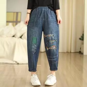 Женские джинсы свободного кроя с вышитыми ретро-нашивками XL