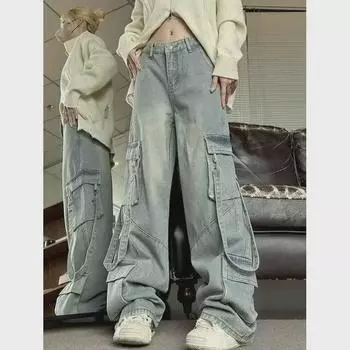 Женские джинсы свободного кроя в стиле ретро с широкими штанинами и множеством карманов 2XL темно-синий