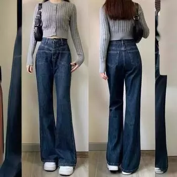 Женские джинсы-трубы с высокой талией и микроклешем, облегающие, большого размера S синий