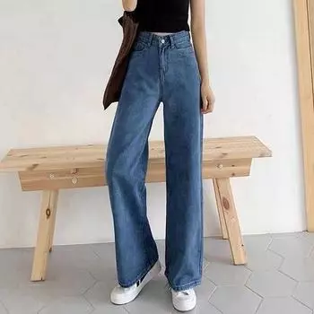 Женские джинсы, уличные брюки с высокой талией, светлые хлопковые корейские свободные джинсы с металлической пряжкой, широкие женские джинсы Y2k S