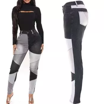 Женские джинсы, узкие лоскутные брюки со вставками, синие длинные хлопковые брюки с высокой талией, осень-зима S